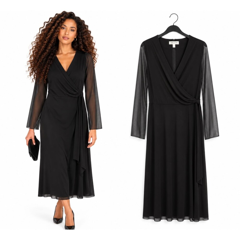 New Anne Klein Black Faux Wrap Dress Size XL Sheer Mesh Long Sleeves